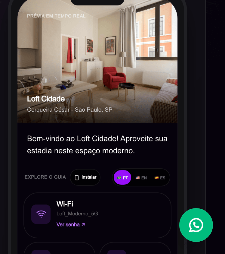 Interface real do guia digital ILURO com Wi-Fi, check-in, regras e dicas locais